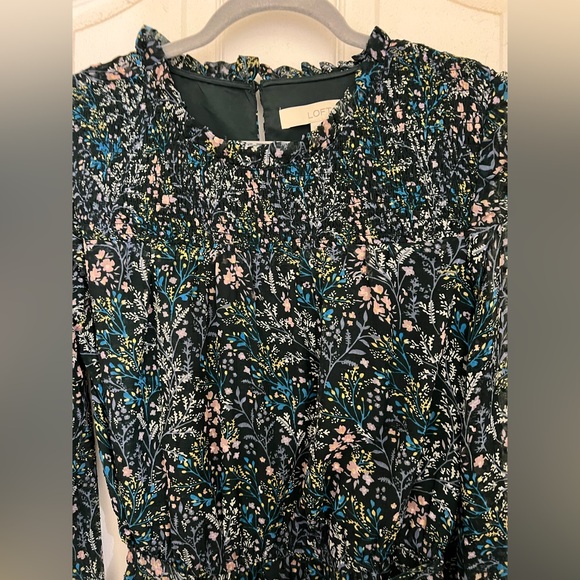 LOFT Green Smocked Floral Long Sleeve Mini Dress - Picture 9 of 9